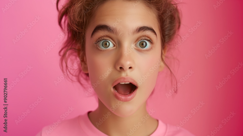 A young girl with green eyes and pink hair is looking surprised. She has a pink shirt on and her hair is in a bun A young girl with green eyes and pink hair is looking surprised. She has a pink shirt on and her hair is in a bun