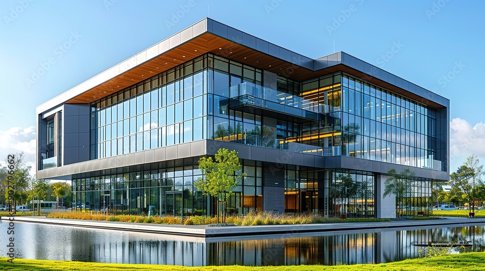 A contemporary glass building is seamlessly reflected in a calm water body, surrounded by lush greenery, symbolizing harmony between nature and modern architecture. A contemporary glass building is seamlessly reflected in a calm water body, surrounded by lush greenery, symbolizing harmony between nature and modern architecture.