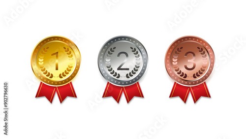 Set of gold, silver and bronze medals with red ribbons isolated vector illustration