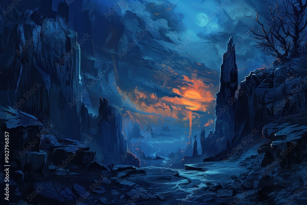 Mystical moonlit landscape with glowing river and towering rock formations Mystical moonlit landscape with glowing river and towering rock formations