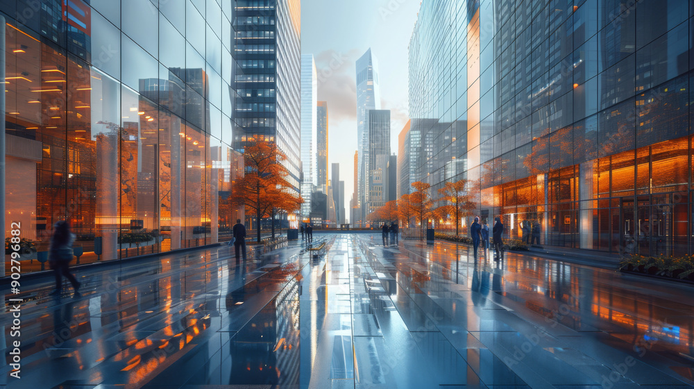Obraz premium A futuristic cityscape featuring tall, reflective glass buildings, modern architecture, and people walking on a wet street.