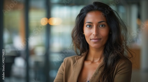 Wallpaper Mural Confident Businesswoman Portrait: A young Indian woman in a blazer exudes confidence in a modern office setting. Torontodigital.ca