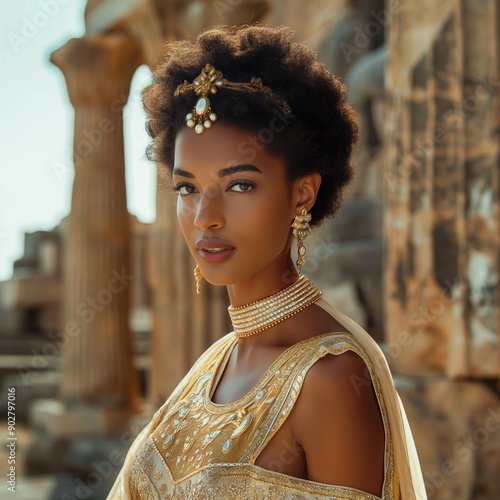 A beautiful black woman with an updo hairstyle, gold jewellery and a golden dress, standing in front of ancient architecture. 