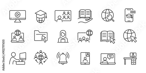 Online education icon set. E-learning, video tuition, online conference. Vector