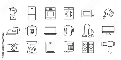 Home appliances line icon set. Washing machine, microwave oven, iron, blender, vacuum cleaner. Vector