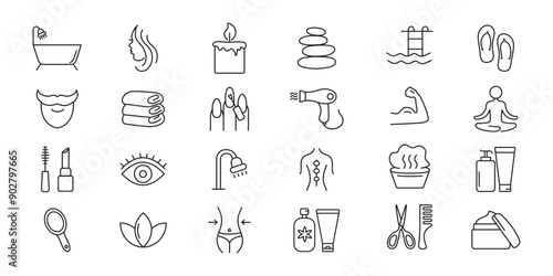 Sauna and Spa icons set. Beauty spa, body and face care, recreation. Vector