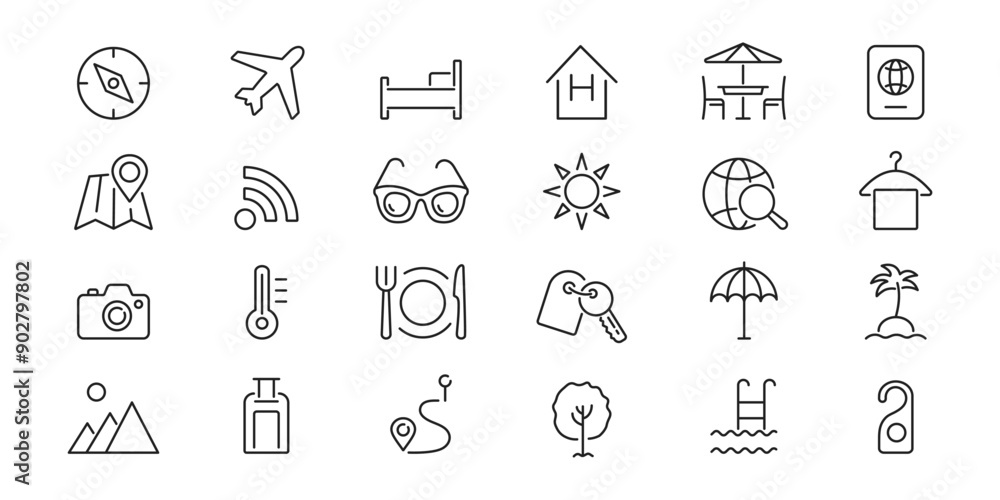 Set of hotel elements. Travel line icons. Vector simple Set of hotel elements. Travel line icons. Vector simple