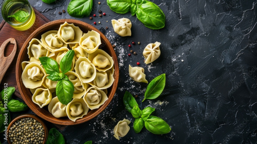 Fototapeta premium Fresh tortellini pasta in a wooden bowl with basil leaves on a dark slate background. Culinary photography depicting healthy Italian cuisine. 
