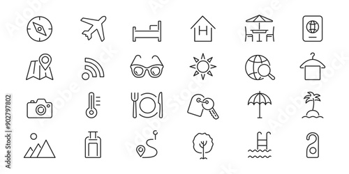 Set of hotel elements. Travel line icons. Vector simple