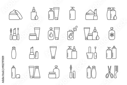 Cosmetic icons collection. Cream bottle, lipstick, brush makeup. Vector illustration
