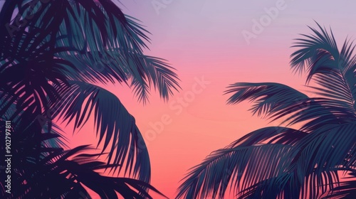 Tropical Sunset Silhouette with Palm Leaves