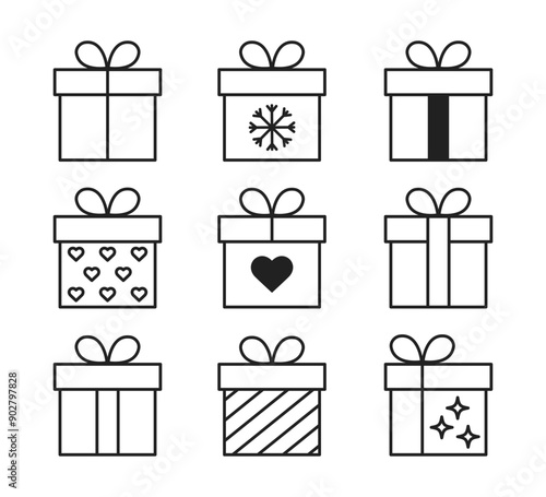 Gift box icons set. Box in line style. Vector illustration
