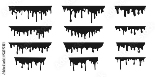 Dripping black liquid set. Dripping paint, ink, oil. Vector illustration