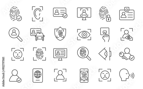 Biometric icon set. Identity document, verification, passport, driving license. Vector
