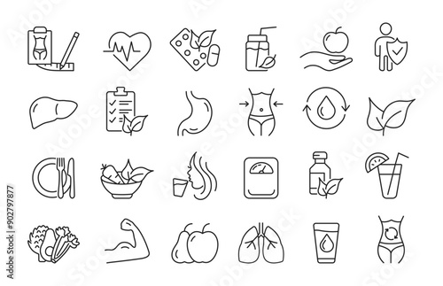 Detox diet icons set. Set of Nutrition and healthy food. Vector