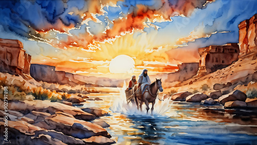 The Prophets Elijah and Elisha Crossing the Jordan River on Dry Ground: Witness the Spectacular Moment of Elijah’s Fiery Chariot in the Sky in This Biblical Scene of Miraculous Faith photo