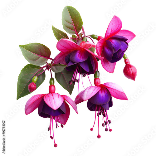 Vibrant pink and purple fuchsia flowers in full bloom, showcasing delicate petals and lush green leaves. Perfect for floral themes. photo