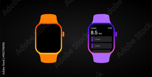 Smart watch screen template. Apple watch sport tracker frame. Electronic wristwatch digital health care device mock-up. Bright watchband design. Vector illustration.