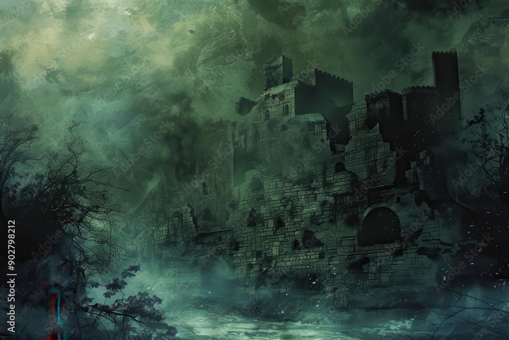Fototapeta premium Ancient castle ruins shrouded in mist and mystery