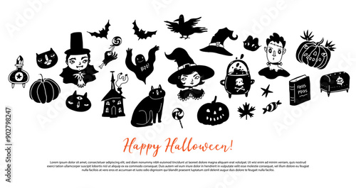 Halloween cute illustrations set. Themed funny doodle stickers for Halloween - witch, pumpkin, cat, jack lantern, cauldron and broom. Vector set in cartoon doodle outline style. Poster, card, banner