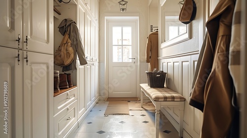Front door entrance to house with coat hook white cabinets hassock and mirror in corridor.