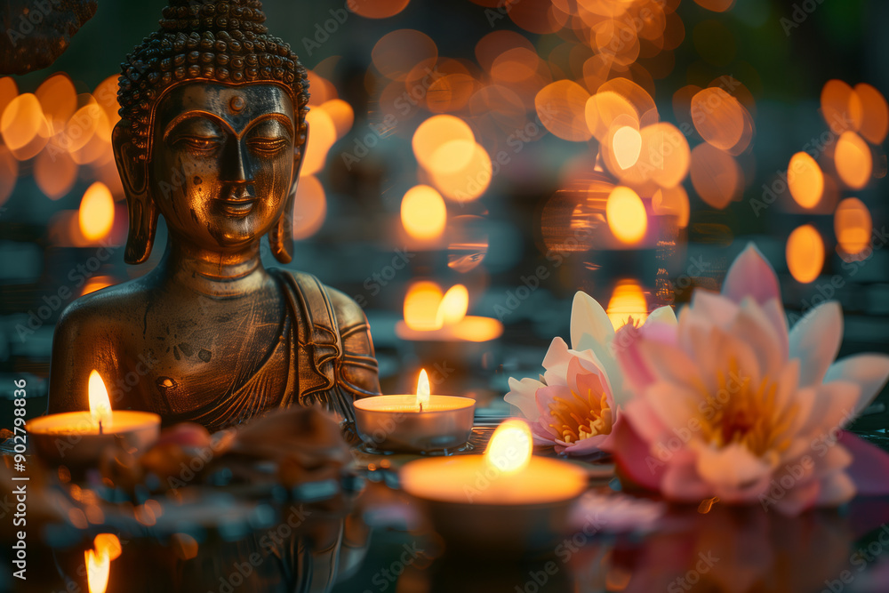 Fototapeta premium Golden Buddha statue among lotus flowers and candles.
