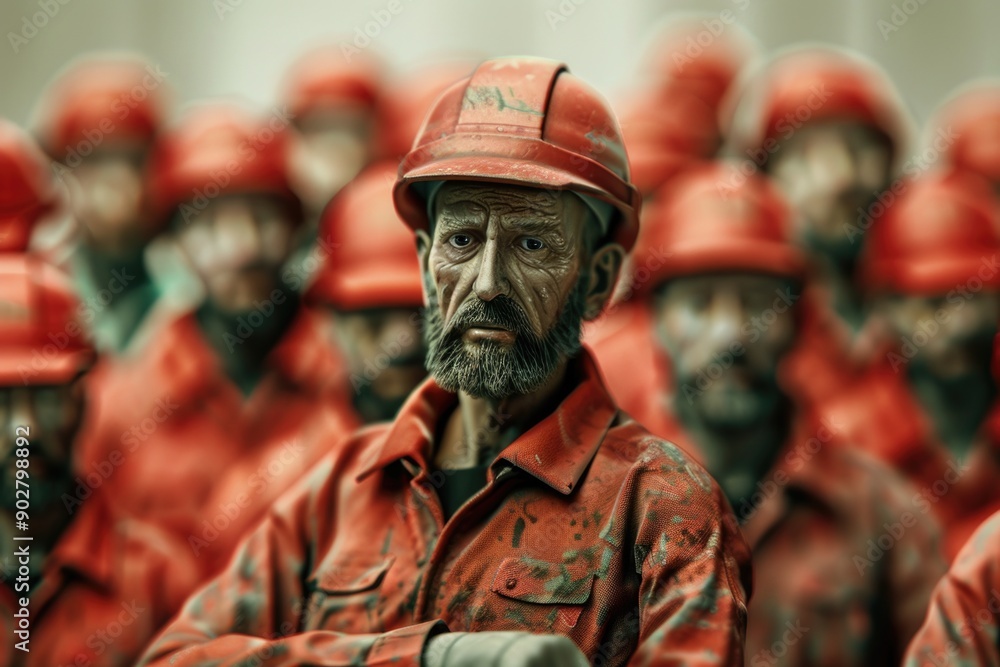 A group of construction workers or laborers wearing red hard hats, possibly on a building site or industrial setting A group of construction workers or laborers wearing red hard hats, possibly on a building site or industrial setting