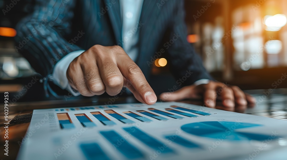 Businessman pointing at a rising arrow graph. Progress and development concept Businessman pointing at a rising arrow graph. Progress and development concept