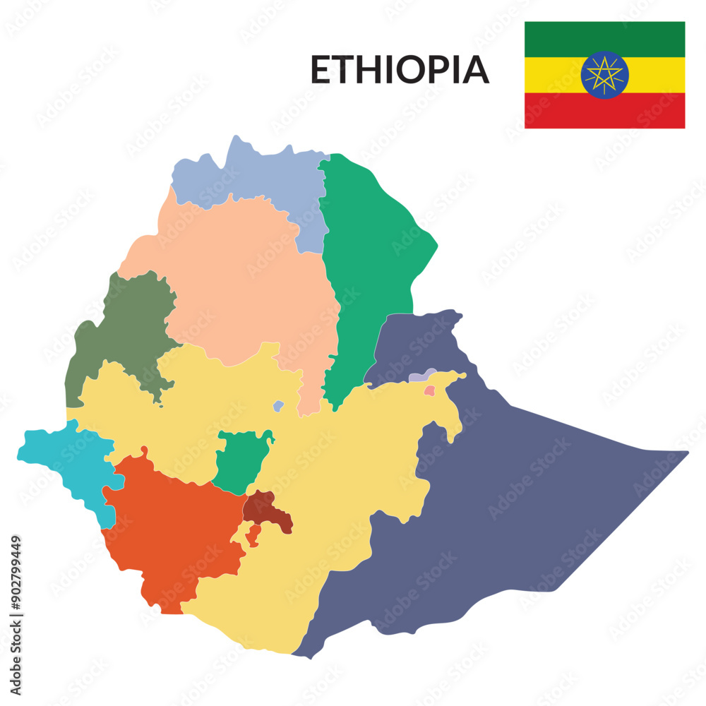 Obraz premium Ethiopia map. Map of Ethiopia in administrative provinces in multicolor