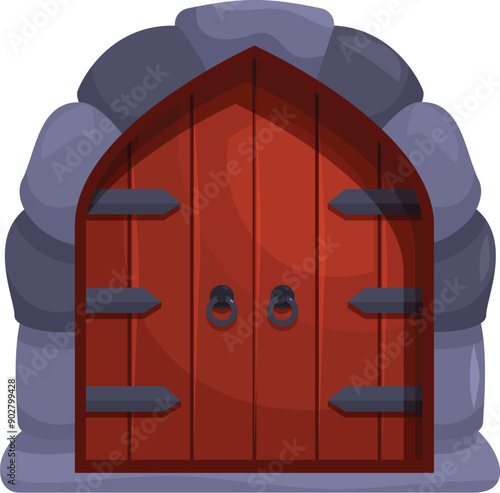Old gate with metal hinges and circle handles is closing the entrance to castle or fortress