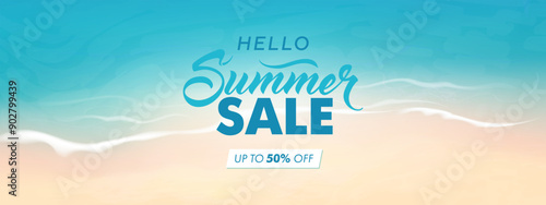 Vector beautiful realistic illustration of top view sandy summer beach. Summer sale horizontal promotional web banner, flyer, poster, greeting card