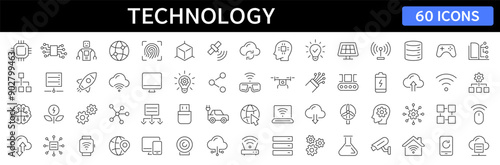 Technology thin line icons set. Innovation, robot, biometric, ai, digital technology, industry editable stroke icon. Vector