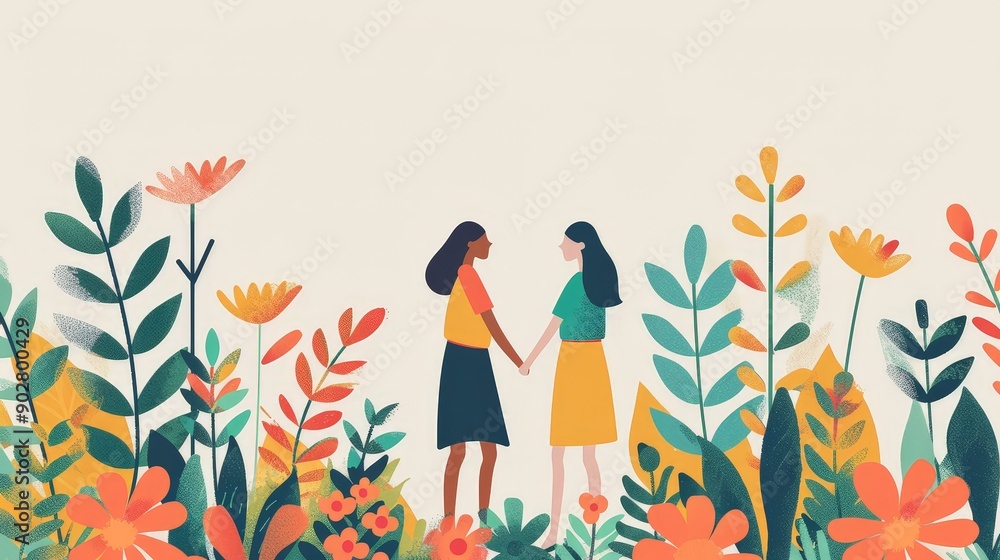 Beautiful Illustration of Friendship and Support Amidst a Flourishing Garden Beautiful Illustration of Friendship and Support Amidst a Flourishing Garden