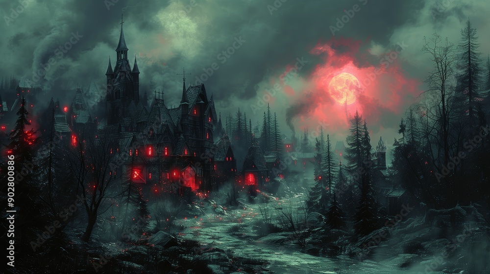 Obraz premium Eerie Castle Surrounded By Dark Forest Under Red Moonlight at Night
