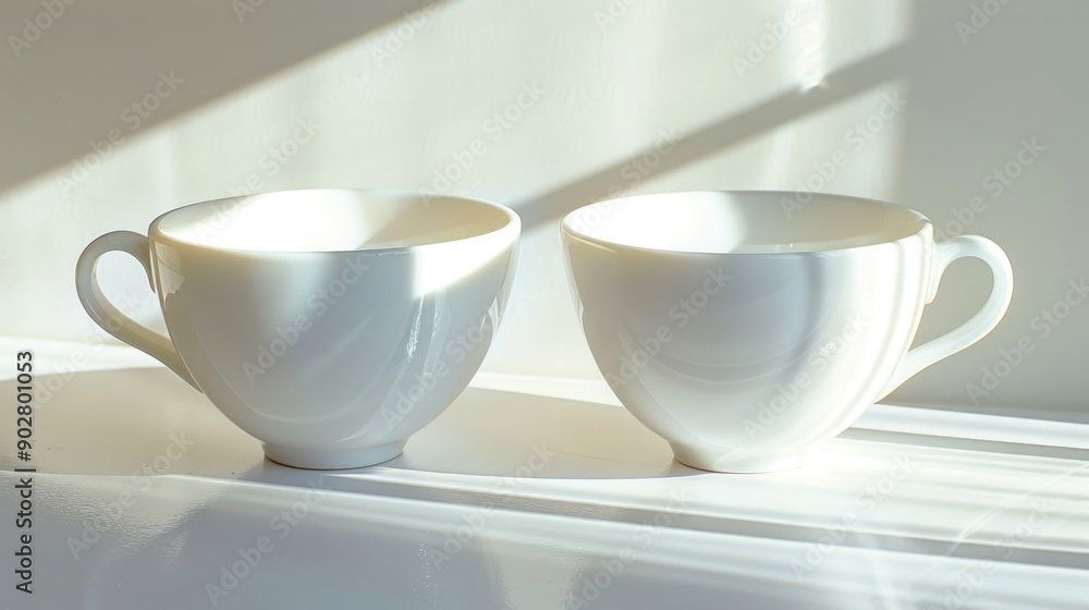 Two white coffee cups sitting on a table, perfect for morning routine or office use Two white coffee cups sitting on a table, perfect for morning routine or office use