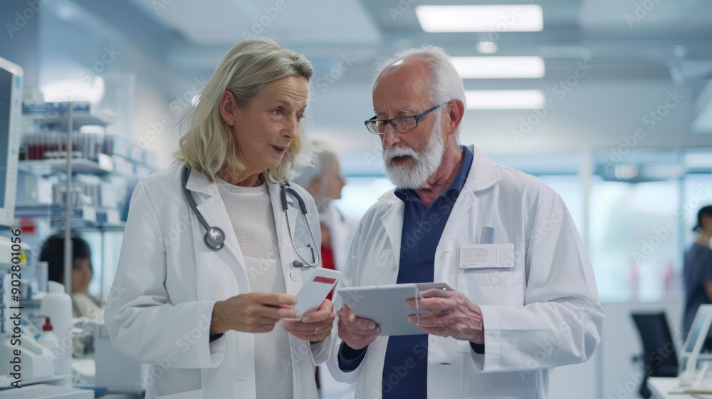 Two senior scientists discussing research data on tablet in a modern laboratory, emphasizing collaboration and advanced scientific research. Two senior scientists discussing research data on tablet in a modern laboratory, emphasizing collaboration and advanced scientific research.