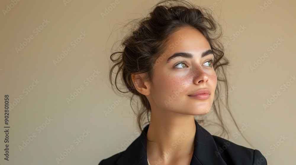 Gazing Beyond: A young woman with captivating eyes and artfully tousled hair, exudes confidence and a hint of mystery as she gazes into the distance. Gazing Beyond: A young woman with captivating eyes and artfully tousled hair, exudes confidence and a hint of mystery as she gazes into the distance.