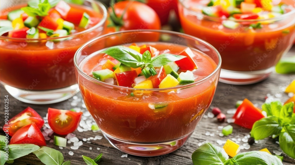 Delicious freshly made gazpacho soup with colorful tomatoes, cucumbers, and fresh basil. A refreshing summer dish! Delicious freshly made gazpacho soup with colorful tomatoes, cucumbers, and fresh basil. A refreshing summer dish!
