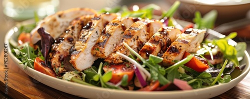 Delicious grilled chicken salad with mixed greens and balsamic vinaigrette, perfect for healthy meals