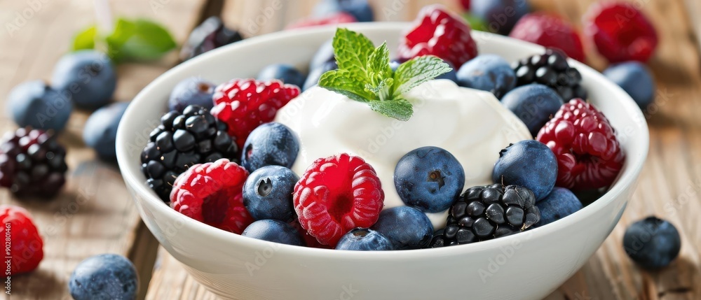 A bowl of mixed berries topped with Greek yogurt, perfect for a healthy snack option. Fresh and vibrant colors enhance the appeal A bowl of mixed berries topped with Greek yogurt, perfect for a healthy snack option. Fresh and vibrant colors enhance the appeal