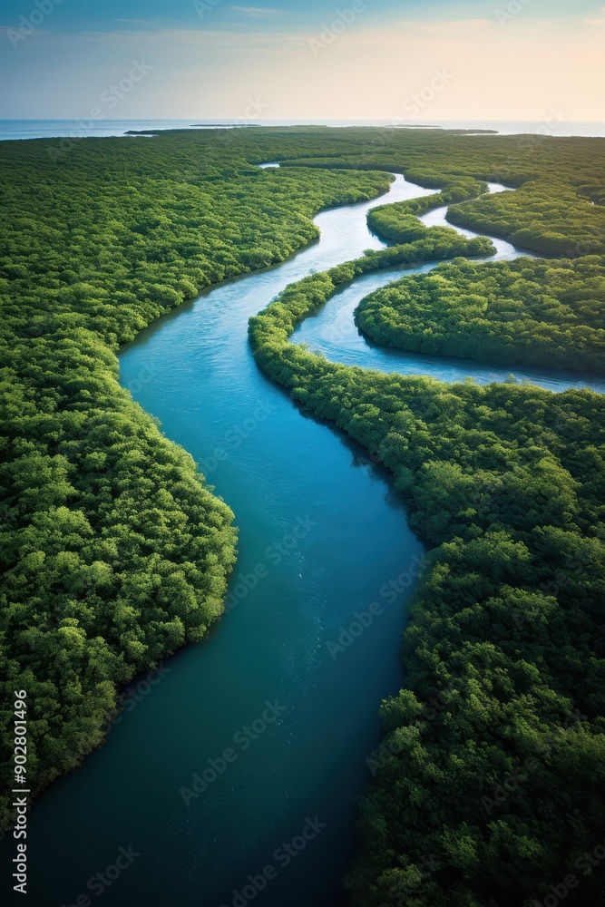 A river with a green forest on either side. The water is blue and the trees are lush and green A river with a green forest on either side. The water is blue and the trees are lush and green