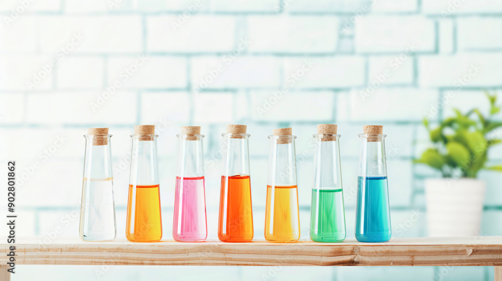 A row of colorful glass bottles with different colored liquids inside. The bottles are lined up on a wooden table A row of colorful glass bottles with different colored liquids inside. The bottles are lined up on a wooden table