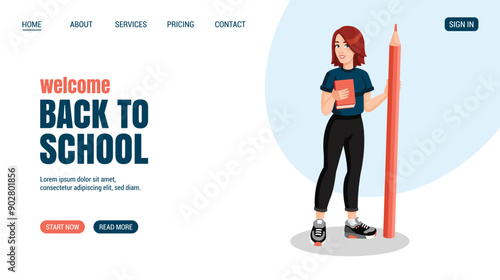 Young woman with huge pencil and book. Education, knowledge, student concept website, web page design. Vector illustration. Back to school concept.