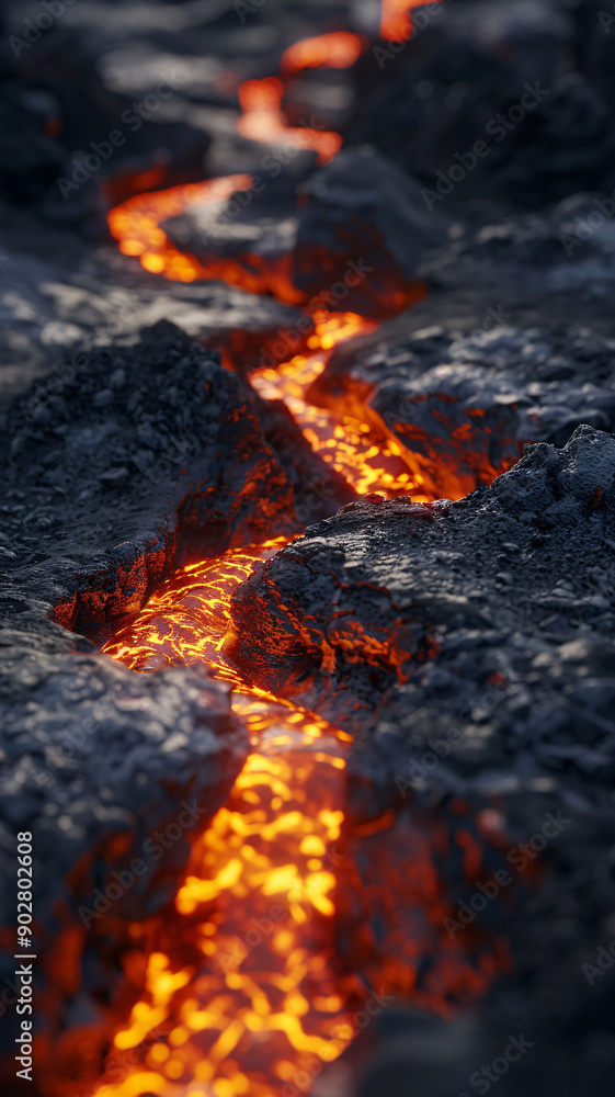 Flowing lava streams between volcanic rocks at night Flowing lava streams between volcanic rocks at night