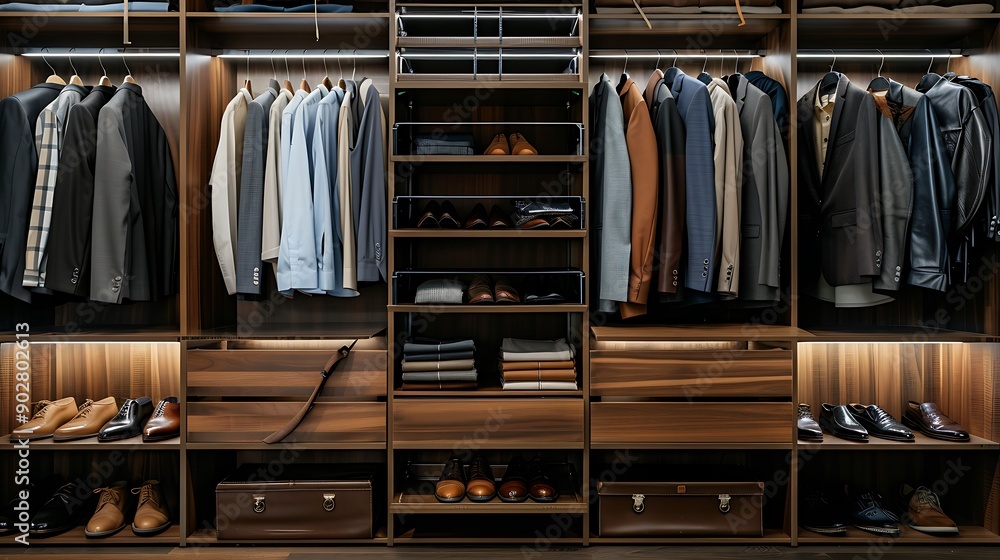 Front view of modern and elegant design of walk in closet with neat adjustable and organized shelf and mans luxury clothes shirt and leather shoes Front view of modern and elegant design of walk in closet with neat adjustable and organized shelf and mans luxury clothes shirt and leather shoes