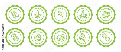 soy hemp rice oat almond coconut walnut hazelnut cashew peanut milk outline icon label isolated on transparent background, green stamp set, icon set