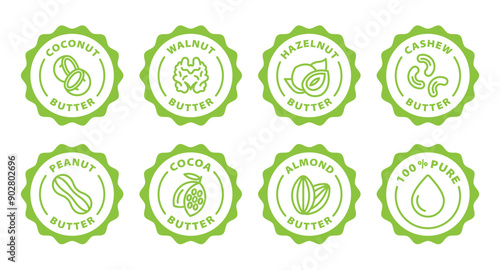 vegan butter icon set coconut walnut hazelnut cashew peanut cocoa almond butter pure black outline icon round rounded circle badge stamp label isolated on transparent background, green stamp, icon set