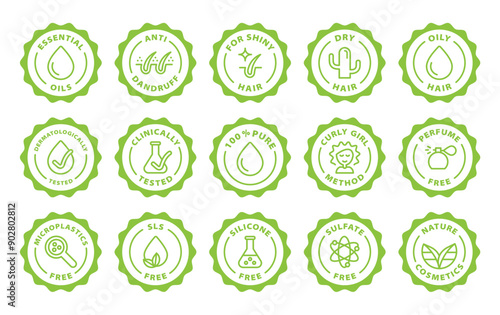 hair shampoo outline icon round rounded circle badge stamp label isolated on transparent background, green stamp set, icon set