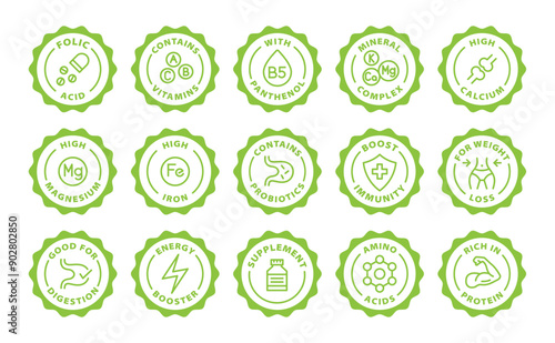 nutritional supplement vitamin mineral probiotics outline icon round rounded circle badge stamp label isolated on transparent background, green stamp set, icon set