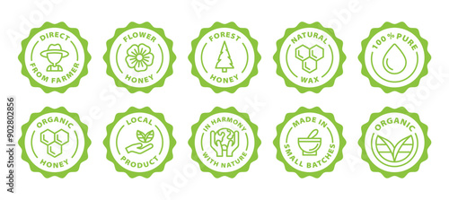honey bees local farm food black outline icon round rounded circle badge stamp label isolated on transparent background, green stamp set, icon set